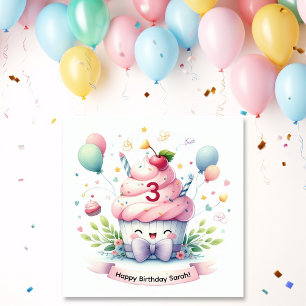 Cartão Feliz Aniversário do Cupcake Rosa Kawaii