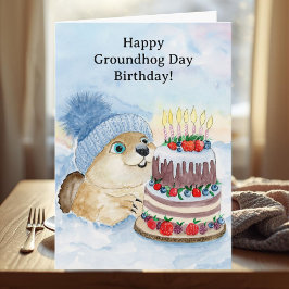 Cartão Feliz aniversário do Dia da Marmota com Bolo