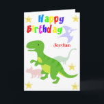 Cartão Feliz Aniversário do Dinossauro Verde Bonito T Rex<br><div class="desc">Um cartão de aniversário divertido do Dinossauro com um bebê de desenho animado T Rex, Tricerátops, Pterodactyl e um dinossauro e estrelas de Apatossauro com um texto de aniversário feliz e colorido. Um design bonitinho para crianças que amam dinossauros pode ser personalizado através da alteração do nome da frente da...</div>