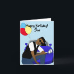 Cartão Feliz Aniversário do Filho da América Africana<br><div class="desc">Este cartão de aniversário legal para um filho,  mostra um jovem afro-americano posando em frente a um carro esportivo azul. Envie um cartão para o seu amado que seja relacionável e expresse sua mensagem da forma que você pretendia.</div>