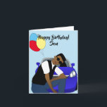 Cartão Feliz Aniversário do Filho da América Africana<br><div class="desc">Este cartão de aniversário legal para um filho,  mostra um jovem afro-americano posando em frente a um carro esportivo azul. Envie um cartão para o seu amado que seja relacionável e expresse sua mensagem da forma que você pretendia.</div>
