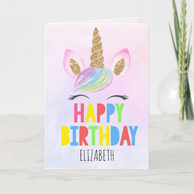 Cartão Feliz Aniversário do Glitter Unicorn Personalizado (Frente)