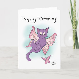 Cartão Feliz Aniversário do Kitten Voador Rosa