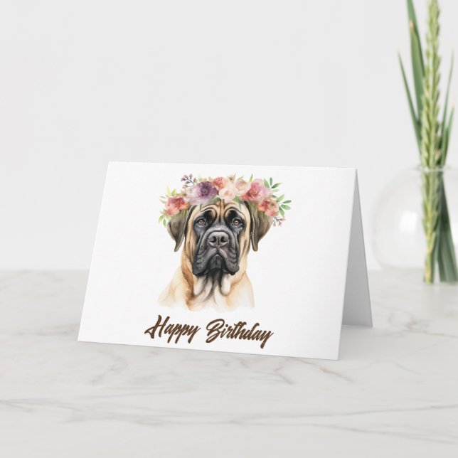 Cartão Feliz Aniversário do Mastiff Dog com Flores (Frente)