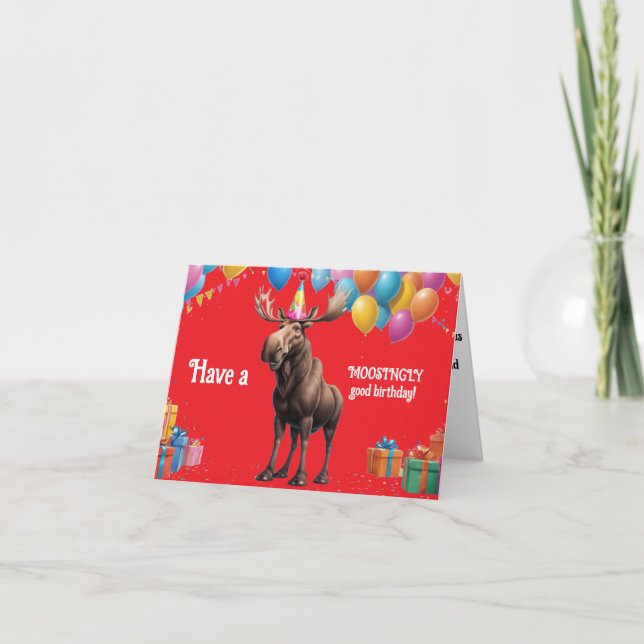 Cartão Feliz Aniversário do Moose com Balões e Presente (Frente)