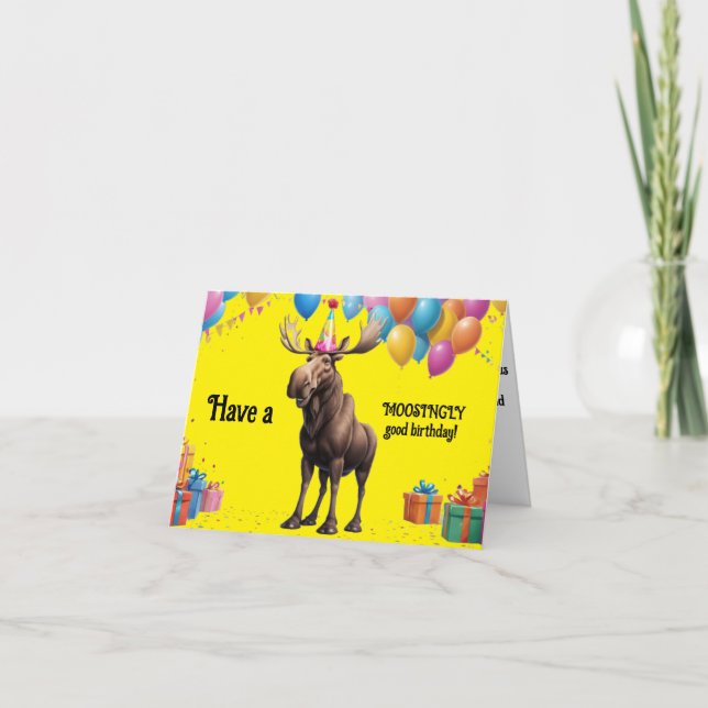 Cartão Feliz Aniversário do Moose com Balões e Presente (Frente)
