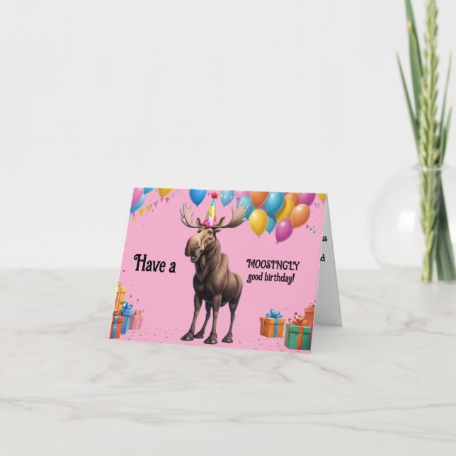 Cartão Feliz Aniversário do Moose com Balões e Presente (Frente)