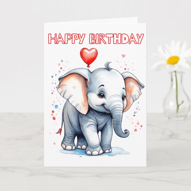 Cartão Feliz Aniversário do Pequeno Elefante Bonito (Planta pequena)