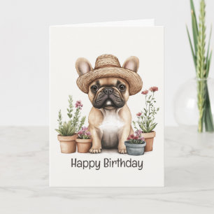 Cartão Feliz Aniversário do Pote de Flor do Bulldog Franc