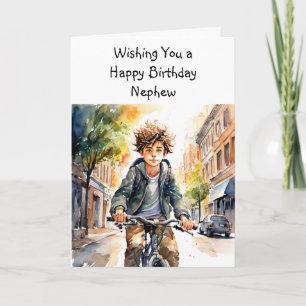 Cartão Feliz Aniversário do Sobrinho   Menino em biciclet