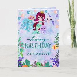 Cartão Feliz Aniversário do Tema da Sereia dos Animais do