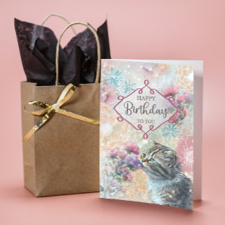 Cartão Feliz Aniversário Doce Gatinho e Flores Colagem