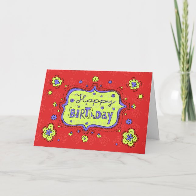 Cartão Feliz Aniversário Doodle Red Girly Greeting Card (Frente)