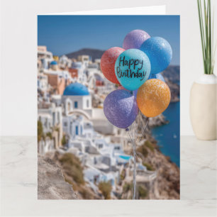 Cartão Feliz aniversário dos Balões em Santorini, Grécia
