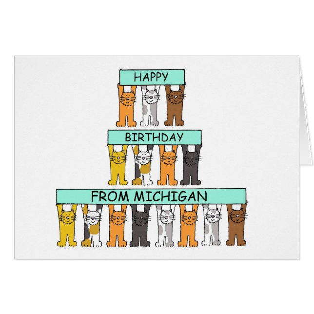 Cartão Feliz aniversário dos Gatos de Cartoon de Michigan (Frente Horizontal)