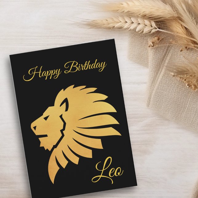 Cartão Feliz aniversário Dourado Leo Zodiac Horoscope Neg (Criador carregado)