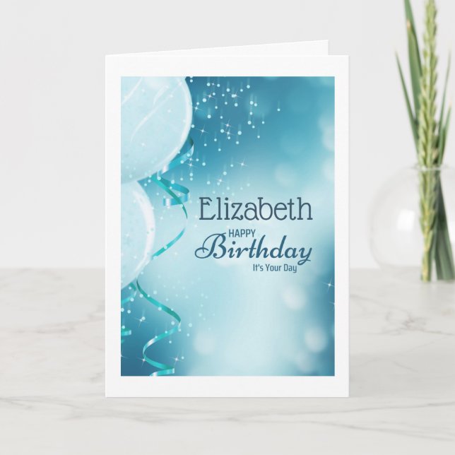 Cartão Feliz Aniversário É o seu nome do dia Balões Azuis (Frente)