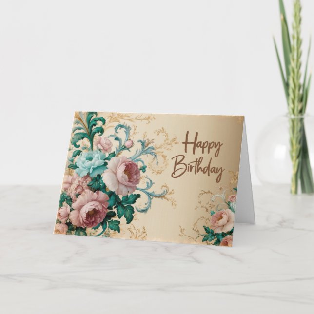 Cartão Feliz Aniversário, Elegante Rosas Vintage (Frente)