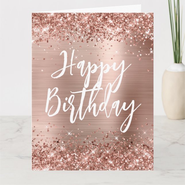 Cartão Feliz Aniversário Escrito à Mão em Brilho Dourado  (Frente)