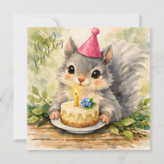 Cartão Feliz Aniversário Esquilo Aquarela com Bolo