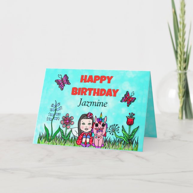 Cartão Feliz Aniversário Fada e Unicórnio Personalizado (Frente)