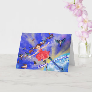 Cartão Feliz Aniversário - Feliz Garota com Pássaros +