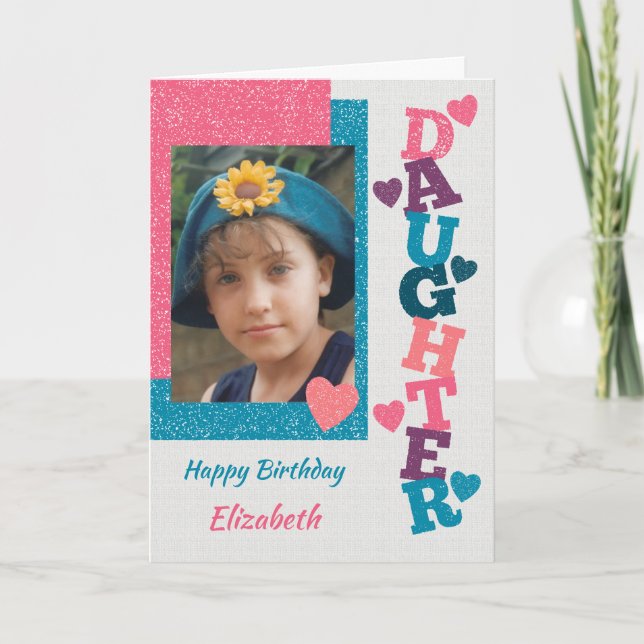 Cartão Feliz aniversário Filha rosa e azul (Frente)