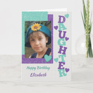 Cartão Feliz aniversário Filha roxa e foto verde