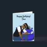Cartão Feliz aniversário Filho Africano Americano<br><div class="desc">Este cartão de aniversário legal para um filho,  mostra um jovem afro-americano posando em frente a um carro esportivo azul. Envie um cartão para o seu amado que seja relacionável e expresse sua mensagem da forma que você pretendia.</div>