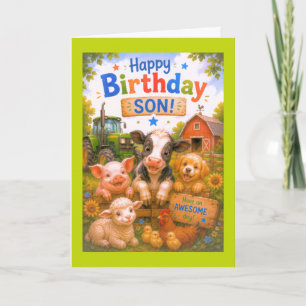 Cartão Feliz Aniversário Filho Animais da Fazenda