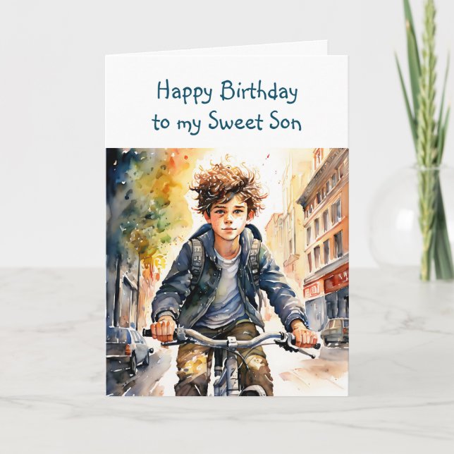 Cartão Feliz Aniversário Filho | Menino em bicicleta na c (Frente)