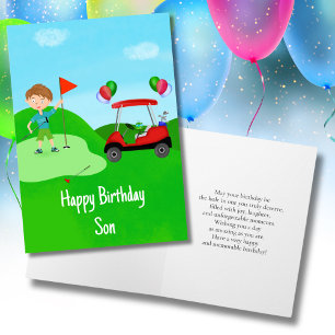 Cartão Feliz Aniversário Filho Menino Golfista no Campo d