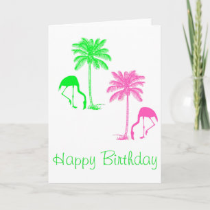 Cartão Feliz Aniversário Flamingos Palmeiras Rosa Verde