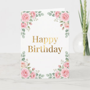 Cartão Feliz Aniversário Floral Rosa Aquarela Elegante Do