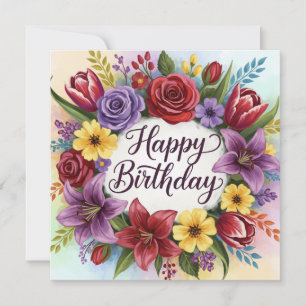 Cartão Feliz aniversário Floral Wreath