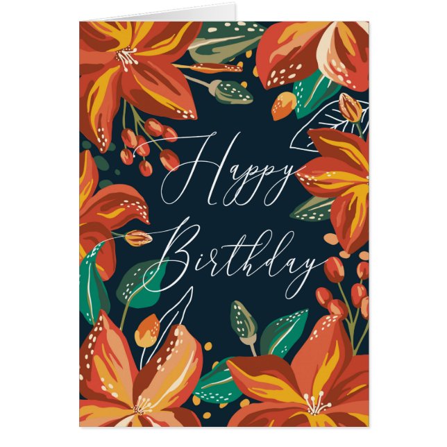 Cartão Feliz aniversário. Flores de marinho vermelho. Ami (Frente)