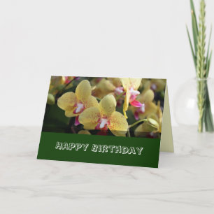 Cartão Feliz aniversário, flores de orquídea amarela