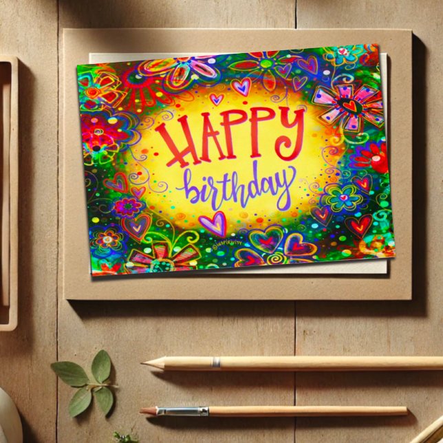 Cartão Feliz Aniversário Flores Girly Divertimento Bonito (Criador carregado)