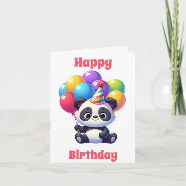 Cartão Feliz aniversário, Fofo-Panda com Balões (Frente)