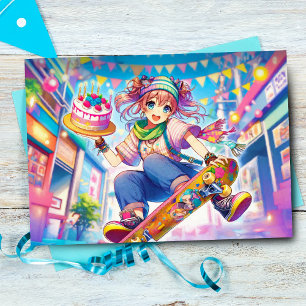 Cartão Feliz Aniversário Garota de Anime no Skate
