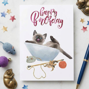 Cartão Feliz Aniversário Gatinho Siamês Aquarela Fofa Gat