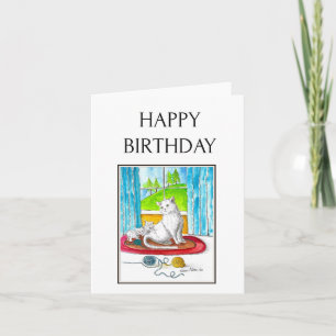 Cartão Feliz Aniversário, Gato de Arte Folha de Aquarelas
