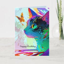 Cartão Feliz aniversário, gato e borboleta personalizávei