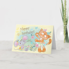 Cartão Feliz Aniversário Gato e Rato Ilustrado