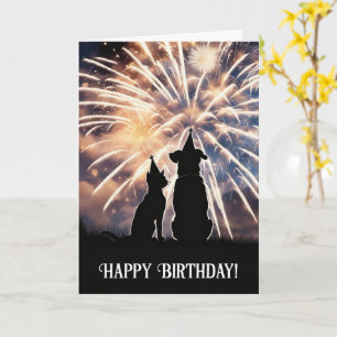Cartão Feliz Aniversário Gato Fofo Cachorro Fogos de Arti