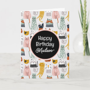 Cartão Feliz Aniversário   Gato Fofo Desenhado à Mão