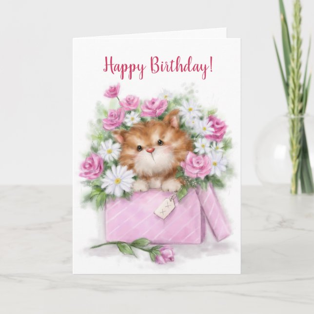 Cartão Feliz aniversário, gato giro na caixa de flores (Frente)