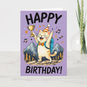 Cartão Feliz Aniversário Gato Montanhista com Troféu & Pi