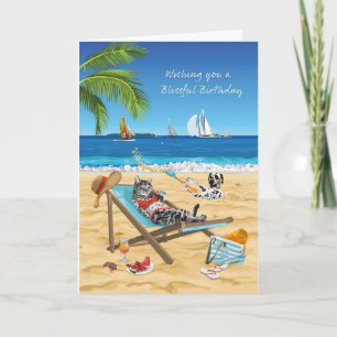 Cartão Feliz Aniversário Gato Relaxando Em Praia Tropical