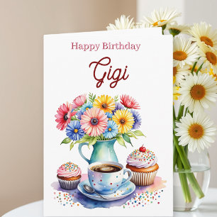 Cartão Feliz Aniversário Gigi Flores e Cupcakes